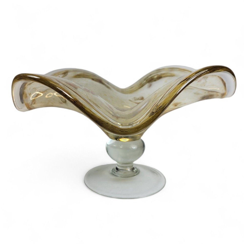 Vintage Murano Pedestal Footed Gold Inclusion Glass Wave Centerpiece Bowl Italy